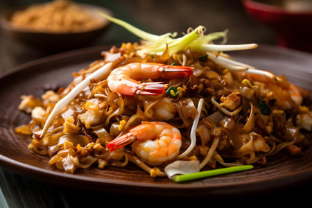 Stir-fried noodles with shrimps and vegetables on wooden tableの素材