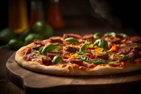 Pizza with salami, pepper and basil on a wooden tableの素材