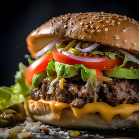 Delicious hamburger with fresh vegetables and cheese on a black backgroundの素材