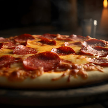Pizza with salami and cheese on a dark wooden background.の素材