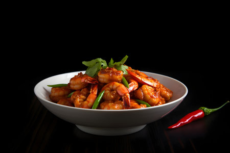 Stir Fried Shrimp with Chili and Parsley on Black Backgroundの素材