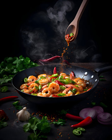 Shrimps with vegetables in a frying pan on a black backgroundの素材