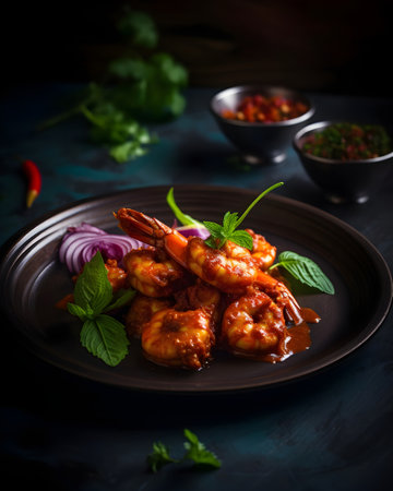 Shrimps with sweet and sour sauce on dark background, selective focusの素材