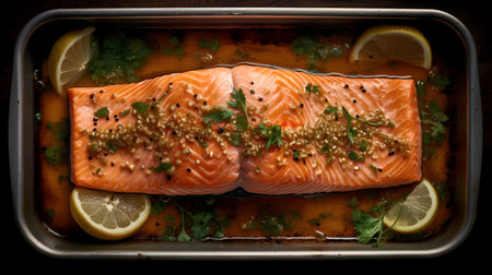 Salmon fillet with sesame seeds and lemon on a baking sheetの素材