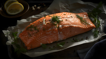 Salmon fillet with herbs and spices on baking paper, dark backgroundの素材