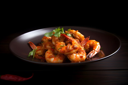 Fried shrimps with herbs and spices on a dark backgroundの素材