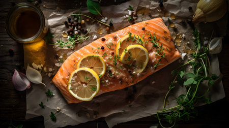 Salmon fillet with lemon and thyme on rustic wooden backgroundの素材