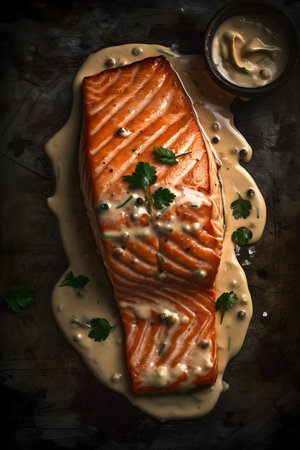 Salmon fillet with cream sauce and mayonnaise on dark backgroundの素材