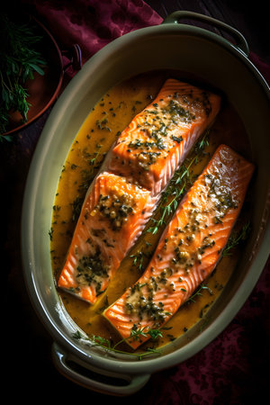 Roasted salmon fillet with herbs and spices in a baking dishの素材