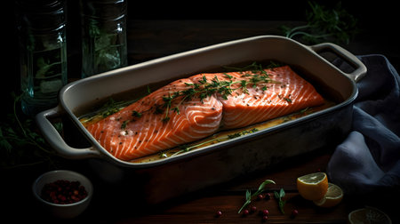Raw salmon fillet with herbs and spices in baking dish on wooden backgroundの素材