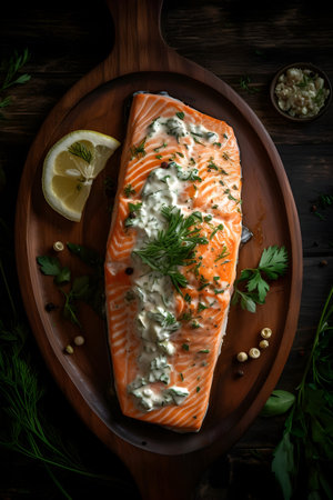 Salmon fillet with dill and parsley on wooden backgroundの素材
