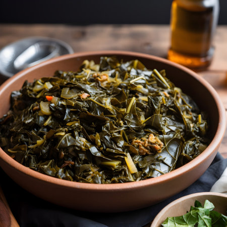 Stir-fried kale in a bowl on a wooden table.の素材