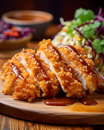 Japanese fried pork cutlet with sweet and sour sauce on wooden plateの素材
