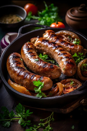 Grilled sausages with onion and parsley in a frying panの素材