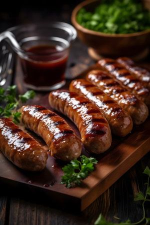 Grilled sausages with ketchup and parsley on wooden boardの素材