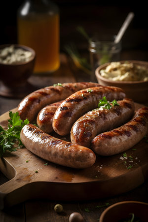Grilled sausages with mustard and parsley on wooden boardの素材