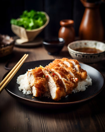 chicken teriyaki with rice and chopsticks on a wooden tableの素材
