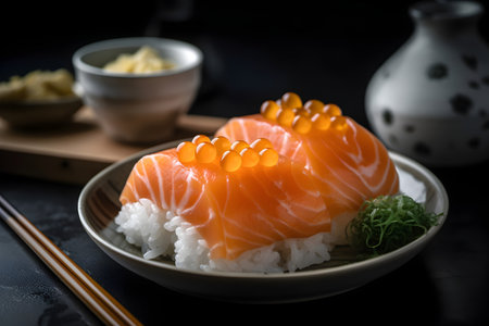 Salmon Sashimi with Rice and Soy Sauce on Black Backgroundの素材