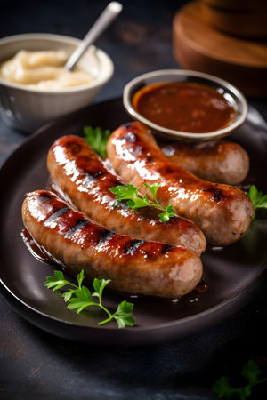 Grilled sausages with sauce and parsley on a plateの素材