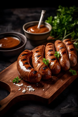 Grilled sausages with herbs and spices on a wooden boardの素材