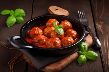 Meatballs in tomato sauce in a black pan on a wooden backgroundの素材