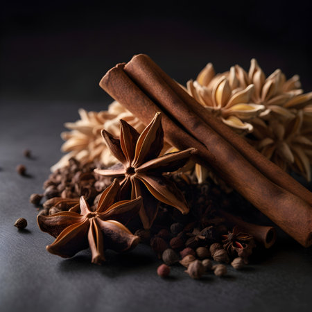 Spices and herbs on black background. Star anise, cinnamon, cardamom.の素材