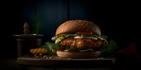 Homemade hamburger with cheese, lettuce and tomato on a dark backgroundの素材