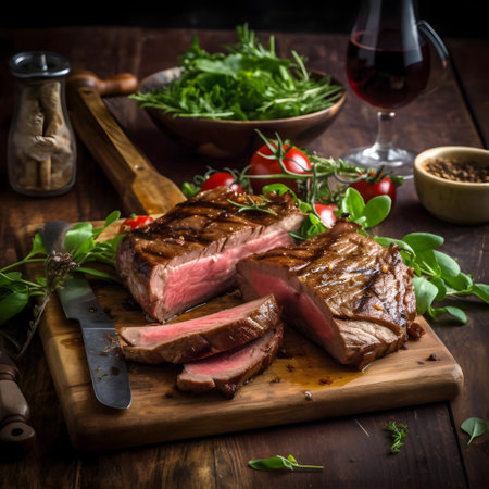 Grilled beef steak with herbs and spices on wooden cutting board.の素材