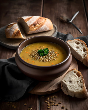 Bowl of lentil soup with bread on a wooden table.の素材
