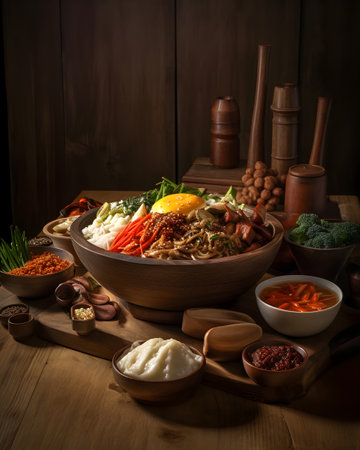 Bibimbap - Japanese noodle dish on wooden backgroundの素材