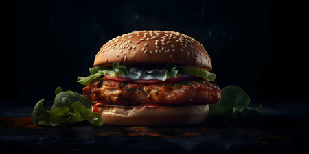 Delicious hamburger with fresh vegetables and sauce on a dark backgroundの素材
