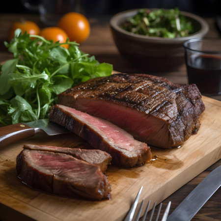 Grilled beef steak with arugula salad on wooden cutting boardの素材