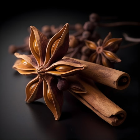 Star anise and cinnamon on a black background. Selective focus.の素材