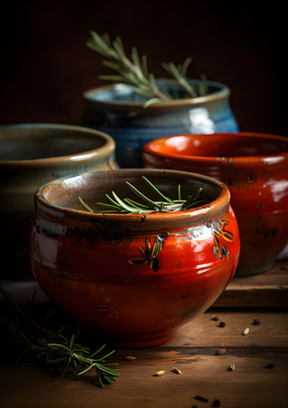 Old clay pots with rosemary and spices on a dark background. Selective focus.の素材