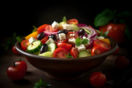 Greek salad with feta cheese, tomatoes, cucumbers and black olivesの素材