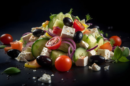 Greek salad with feta cheese, black olives, cherry tomatoes, cucumbers and red onion on black backgroundの素材