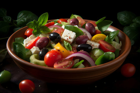 Greek salad with feta cheese, olives, tomatoes and basilの素材