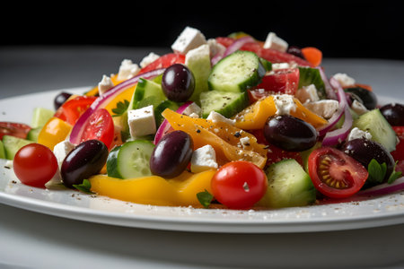 Greek salad with feta cheese, black olives, tomato and cucumberの素材