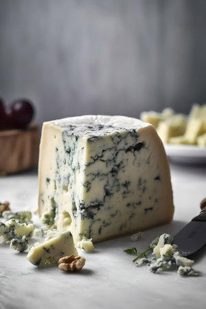 Cheese collection, French blue cheese roquefort with mold close upの素材