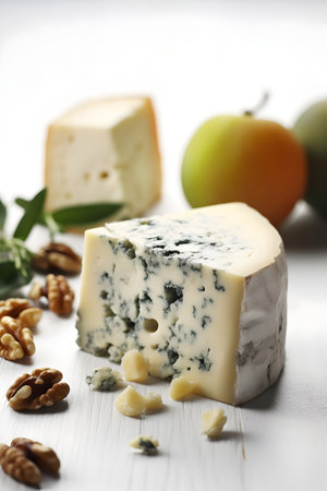 Cheese collection, gorgonzola blue cheese with walnuts and green apple close upの素材