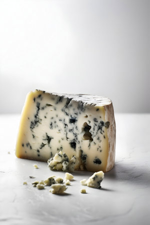 Blue cheese with holes on a white marble background. Toned.の素材