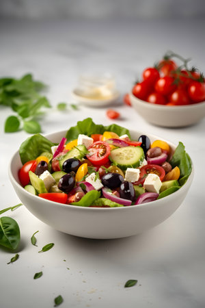 Greek salad with olives, feta cheese and cherry tomatoes on white backgroundの素材