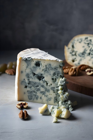 Blue cheese with mold and walnuts on a light background, verticalの素材