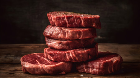 Raw beef steaks on a wooden background. Selective focus. Toned.の素材