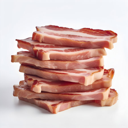slices of bacon on a white background, close-upの素材