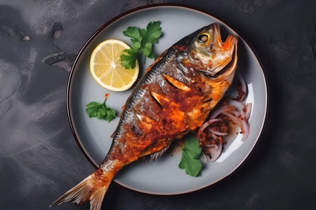 Grilled fish with lemon and parsley on a dark background.の素材