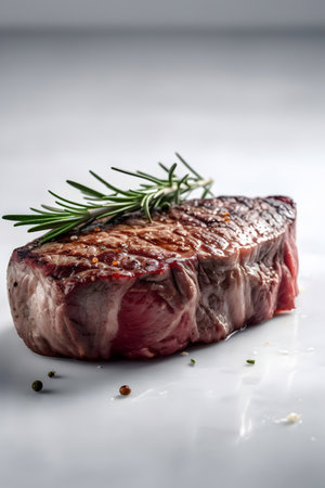 Grilled beef steak with rosemary and spices on a white backgroundの素材