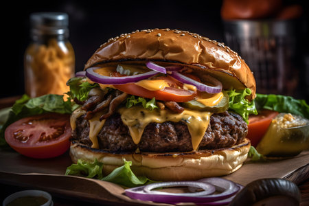 Cheese burger - American cheese burger with fresh salad on wooden backgroundの素材