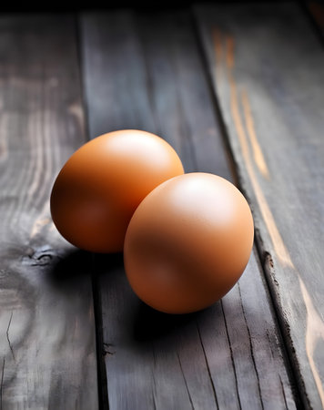 Chicken eggs on wooden background, selective focus, shallow depth of fieldの素材