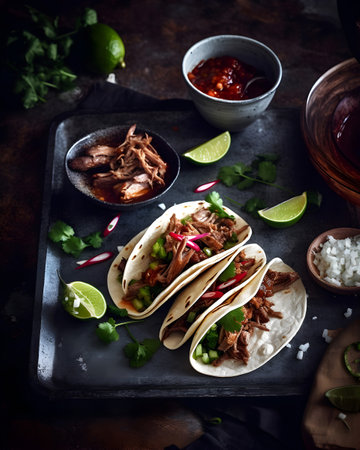 Traditional mexican tacos with beef and vegetables on a dark background.の素材
